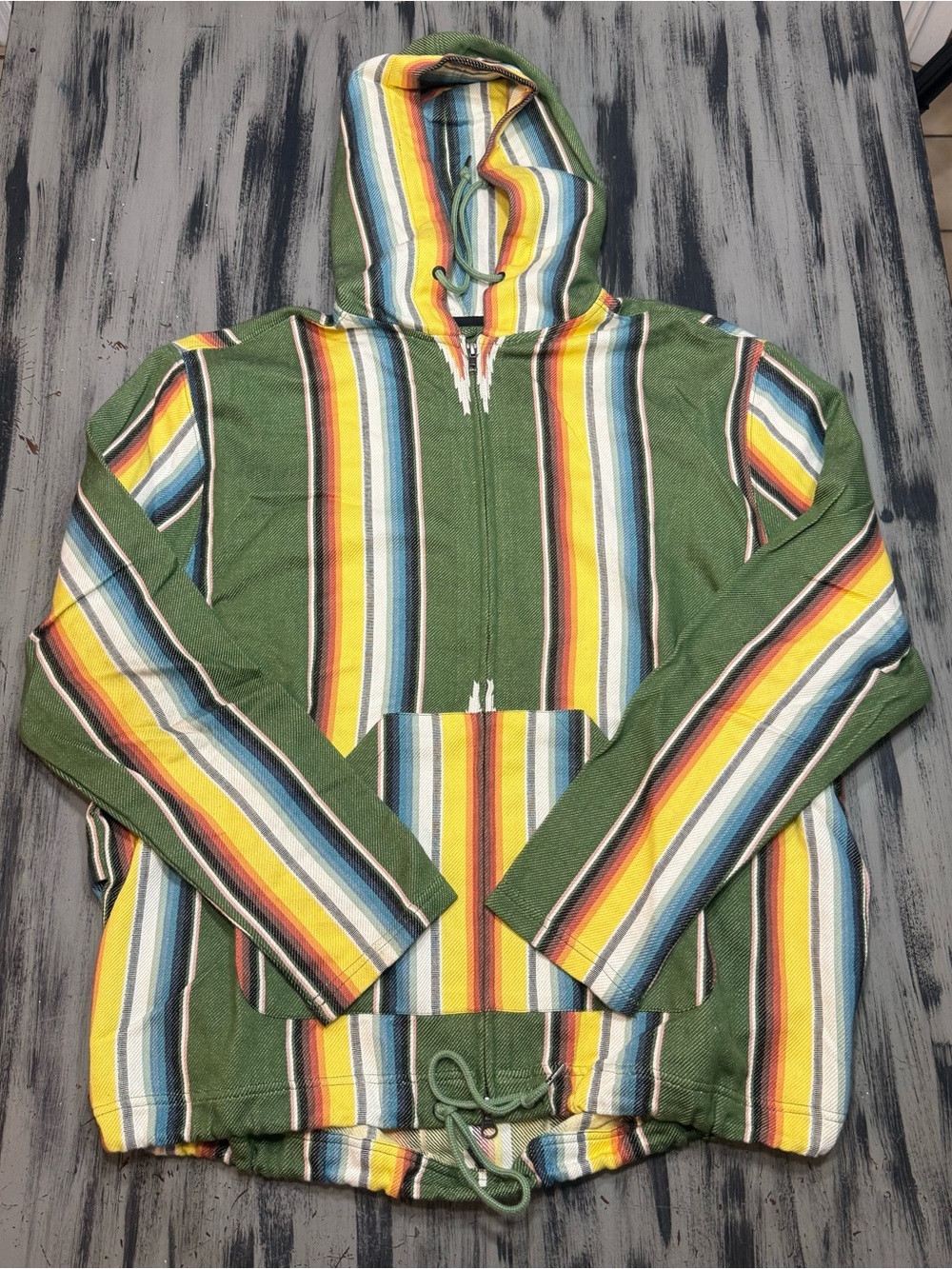10.Deep Green Hoodie with Yellow, Blue & White Multi-Stripes